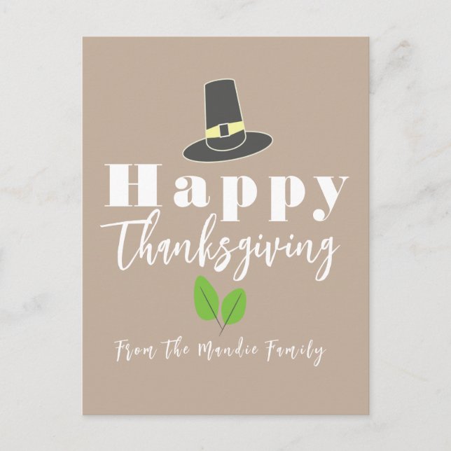 Happy Thanksgiving Pilgrim Hat Greenery Script Postcard (Front)