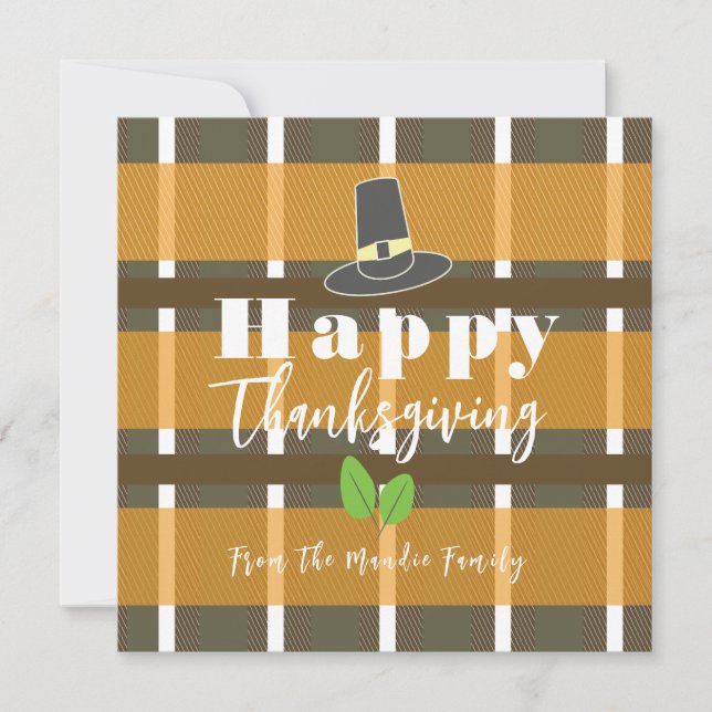 Happy Thanksgiving Pilgrim Hat Plaid Card (Front)