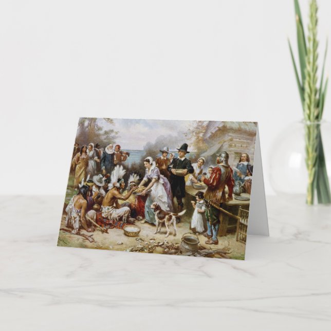 Happy Thanksgiving Pilgrim/Indian Gathering Card (Front)