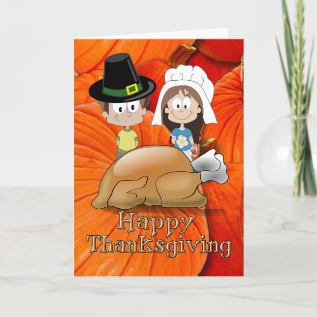 Happy Thanksgiving - Pilgrim Kids - Turkey Holiday Card (Front)