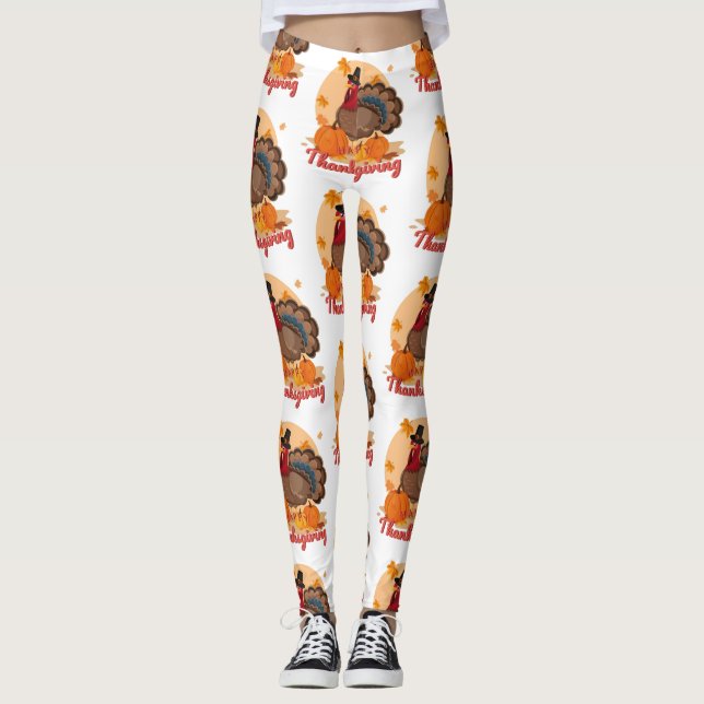 happy thanksgiving pilgrim turkey leggings (Front)