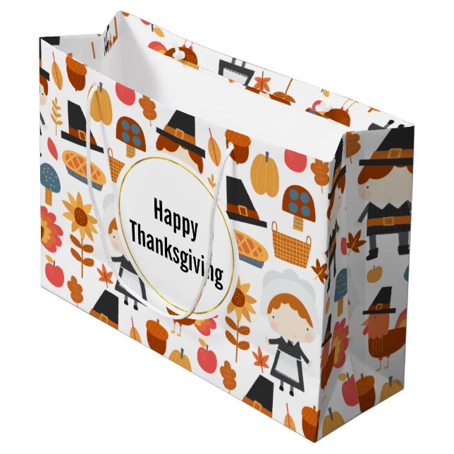  Happy Thanksgiving Pilgrims Harvest Pattern Large Gift Bag (Front Angled)