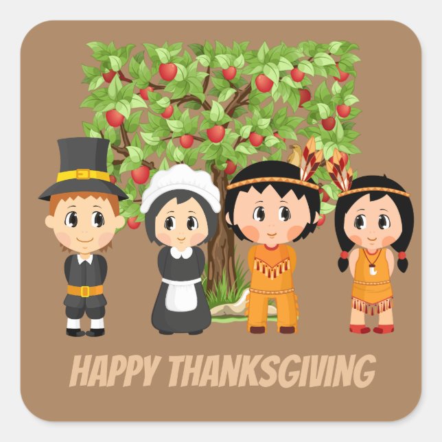 Happy Thanksgiving Pilgrims Indians Square Sticker (Front)