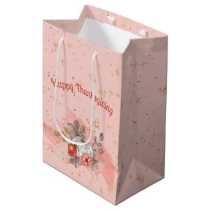 Happy Thanksgiving Pink Pumpkins and Flowers Medium Gift Bag