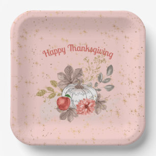 Happy Thanksgiving Pink Pumpkins and Flowers  Paper Plate
