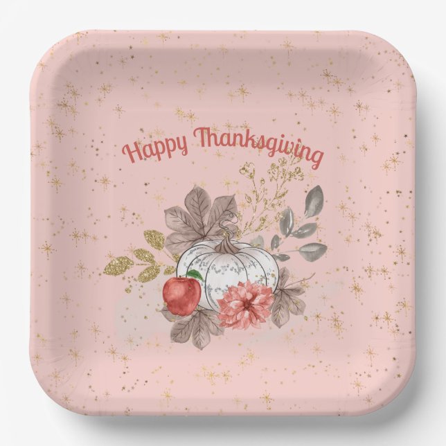 Happy Thanksgiving Pink Pumpkins and Flowers  Paper Plate (Front)