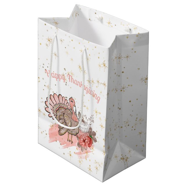 Happy Thanksgiving Pink Turkey and Pumpkins Medium Gift Bag (Front Angled)