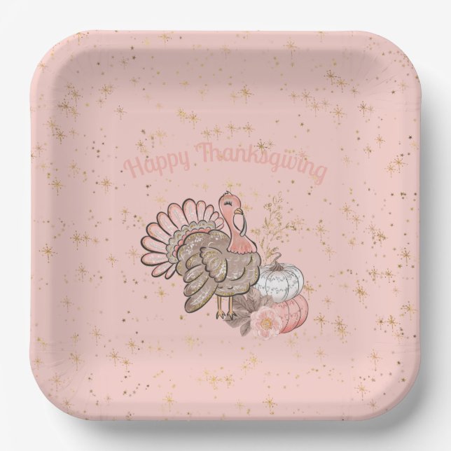 Happy Thanksgiving Pink Turkey and Pumpkins  Paper Plate (Front)