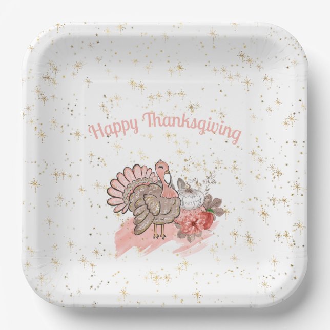 Happy Thanksgiving Pink Turkey and Pumpkins  Paper Plate (Front)