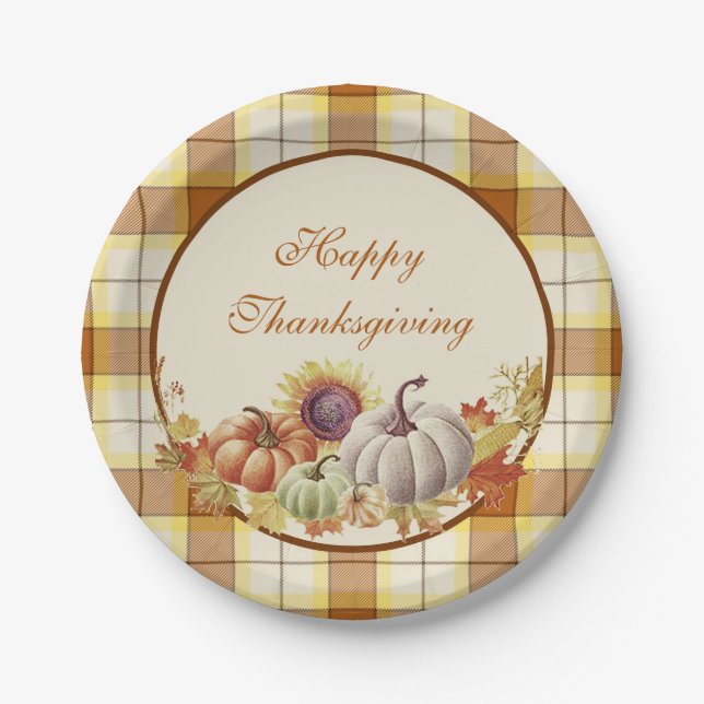 Happy Thanksgiving plaid and pumpkins Paper Plate (Front)