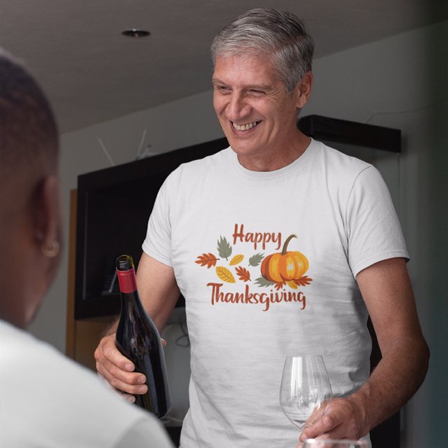 Happy Thanksgiving Pumpkin Autumn Leaves Flat T-Shirt (happy thanksgiving t shirt)