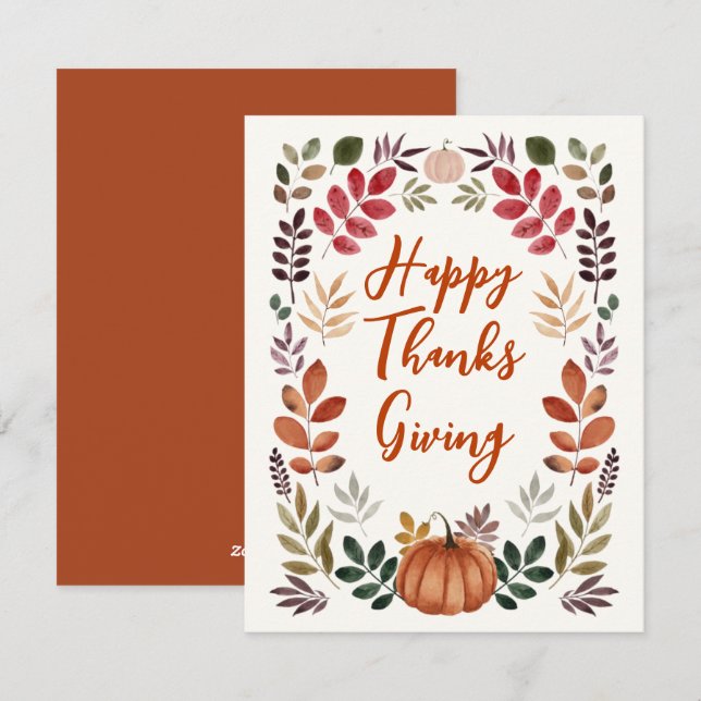 Happy Thanksgiving Pumpkin & Autumn Leaves  Holiday Card (Front/Back)