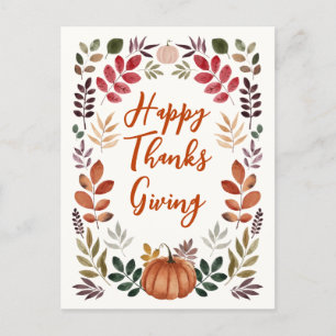 Happy Thanksgiving Pumpkin & Autumn Leaves    Postcard