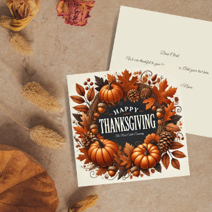 Happy Thanksgiving Pumpkin Autumn Leaves Wreath Holiday Card