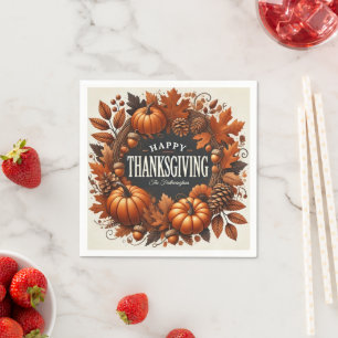 Happy Thanksgiving Pumpkin Autumn Leaves Wreath Napkin