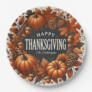 Happy Thanksgiving Pumpkin Autumn Leaves Wreath Paper Plate