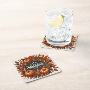 Happy Thanksgiving Pumpkin Autumn Leaves Wreath Square Paper Coaster