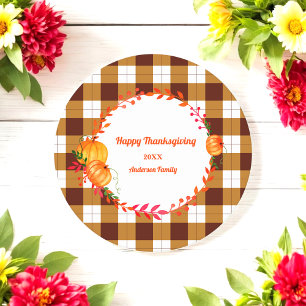 Happy Thanksgiving Pumpkin Brown Plaid Round Paper Coaster