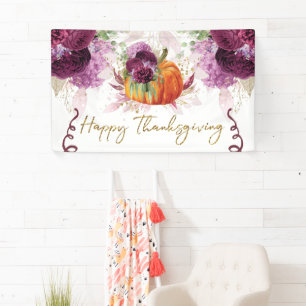 Happy Thanksgiving Pumpkin Burgundy Flowers Banner