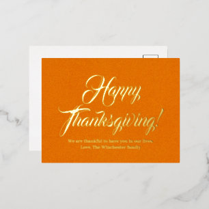 Happy Thanksgiving pumpkin elegant script custom Foil Holiday Postcard