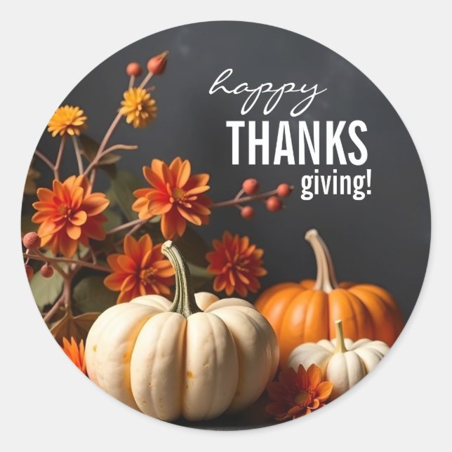 Happy Thanksgiving Pumpkin Flowers Sticker (Front)