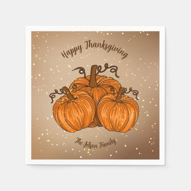 Happy Thanksgiving Pumpkin Glitter Paper Napkin (Front)