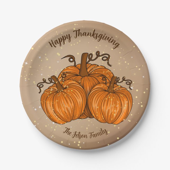 Happy Thanksgiving Pumpkin Glitter Paper Plate (Front)