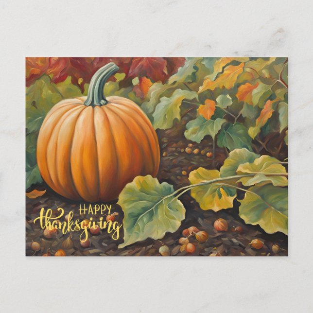 Happy Thanksgiving Pumpkin in the Garden  Holiday Postcard (Front)