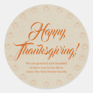 Happy Thanksgiving pumpkin kraft custom script Classic Round Sticker