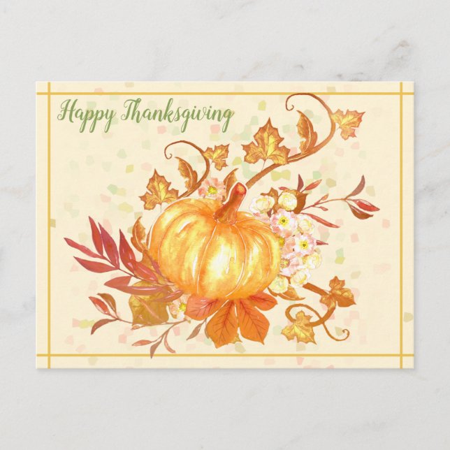 Happy Thanksgiving Pumpkin Leaves Art Holiday Postcard (Front)