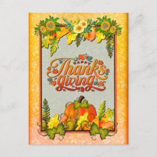 Happy Thanksgiving Pumpkin Leaves Fall Festival Holiday Postcard