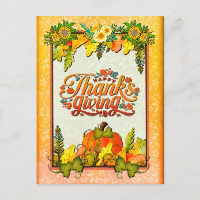 Happy Thanksgiving Pumpkin Leaves Fall Festival Holiday Postcard (Front)