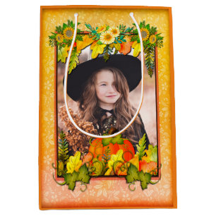 Happy Thanksgiving Pumpkin Leaves Fall Festival Medium Gift Bag
