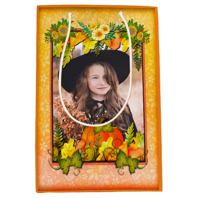 Happy Thanksgiving Pumpkin Leaves Fall Festival Medium Gift Bag (Front)