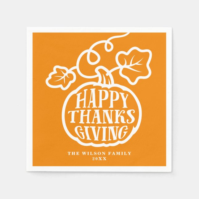 Happy Thanksgiving Pumpkin Lettering Orange Napkin (Front)