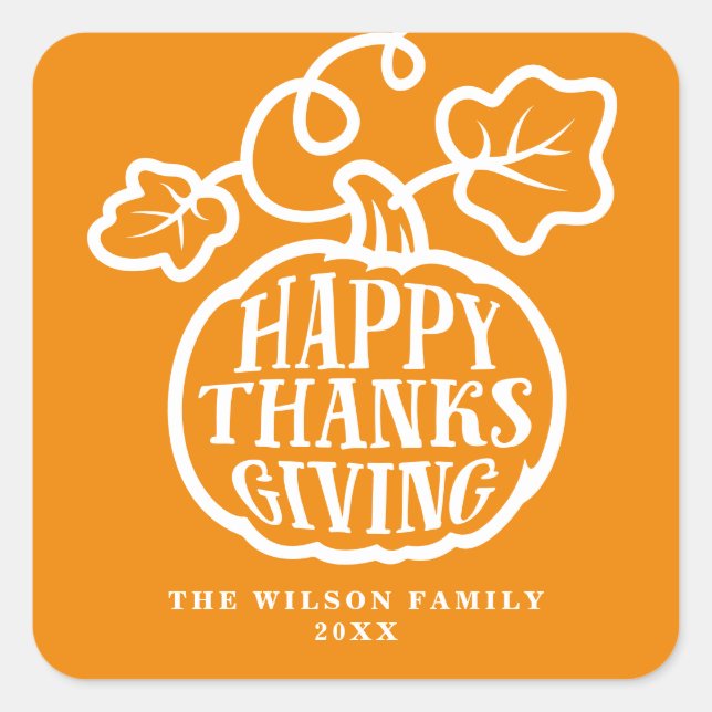 Happy Thanksgiving Pumpkin Lettering Orange Square Sticker (Front)