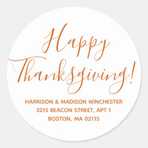 Happy Thanksgiving pumpkin modern script address Classic Round Sticker