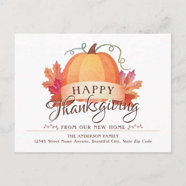 Happy Thanksgiving Pumpkin New Home Address Moving Announcement Postcard (Front)