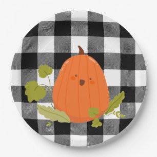Happy Thanksgiving Pumpkin On Plaid Paper Plate