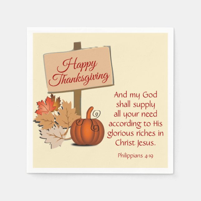 HAPPY THANKSGIVING Pumpkin Scripture Paper Napkin (Front)