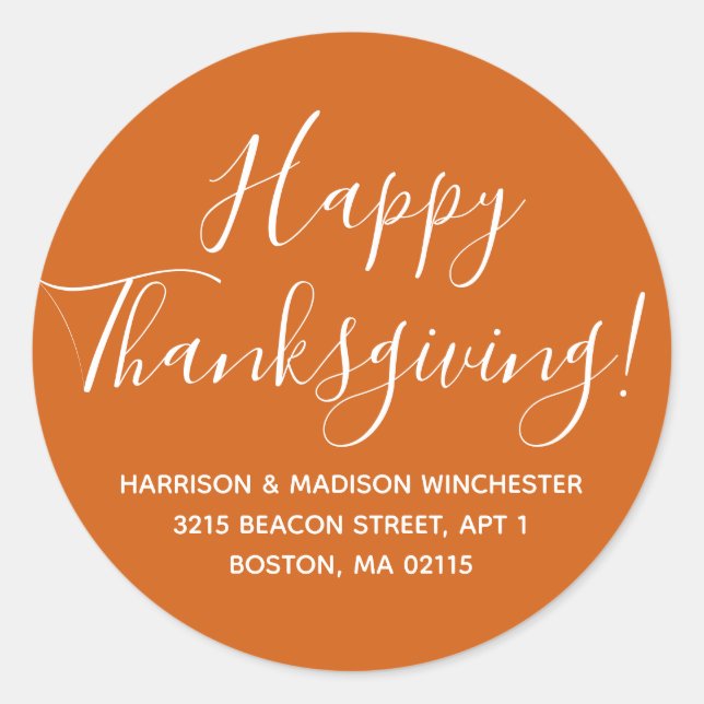 Happy Thanksgiving pumpkin spice return address Classic Round Sticker (Front)