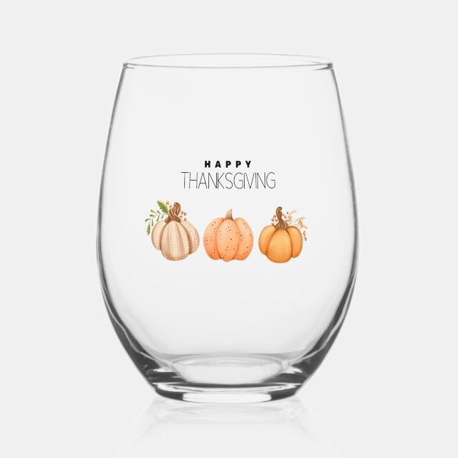 Happy Thanksgiving Pumpkin Stemless Wine Glass (Front)
