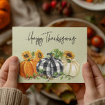 Happy Thanksgiving Pumpkin Sunflower Postcard<br><div class="desc">This design was created through digital art. It may be personalised by clicking the customise button and changing the colour, adding a name, initials or your favourite words. Contact me at colorflowcreations@gmail.com if you with to have this design on another product. See more of my creations or follow me at...</div>