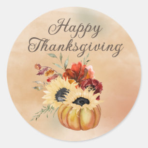Happy Thanksgiving Pumpkin Sunflowers Botanical   Classic Round Sticker