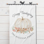 Happy Thanksgiving Pumpkin Tea Towel<br><div class="desc">This Happy Thanksgiving kitchen towel features a rustic watercolor white pumpkin and fall foliage with stylish script typography.
Easily customisable.
Makes a great Thanksgiving hostess gift.
Original Watercolor © Michele Davies.</div>