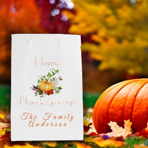 Happy thanksgiving pumpkin watercolor medium gift bag