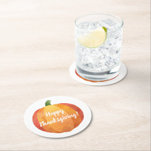 Happy Thanksgiving Pumpkin Watercolor Round Paper Coaster
