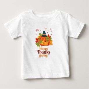 Happy Thanksgiving Pumpkin with Hats and Leaves Baby T-Shirt
