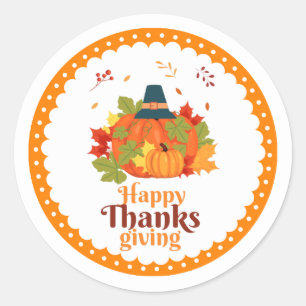 Happy Thanksgiving Pumpkin with Hats and Leaves Classic Round Sticker