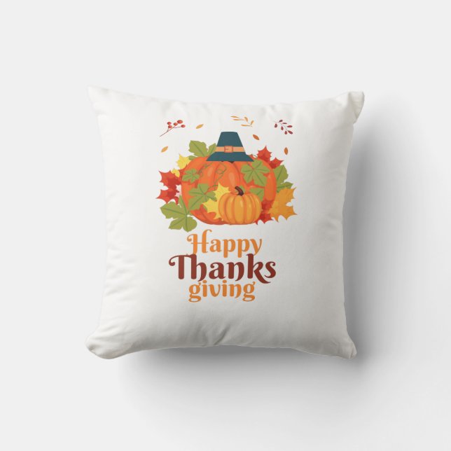 Happy Thanksgiving Pumpkin with Hats  and Leaves  Cushion (Front)